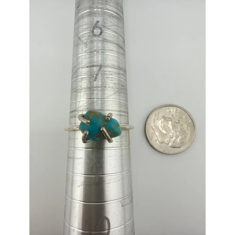Raw Turquoise Nugget Prong Set Delicate Band Ring Size 8